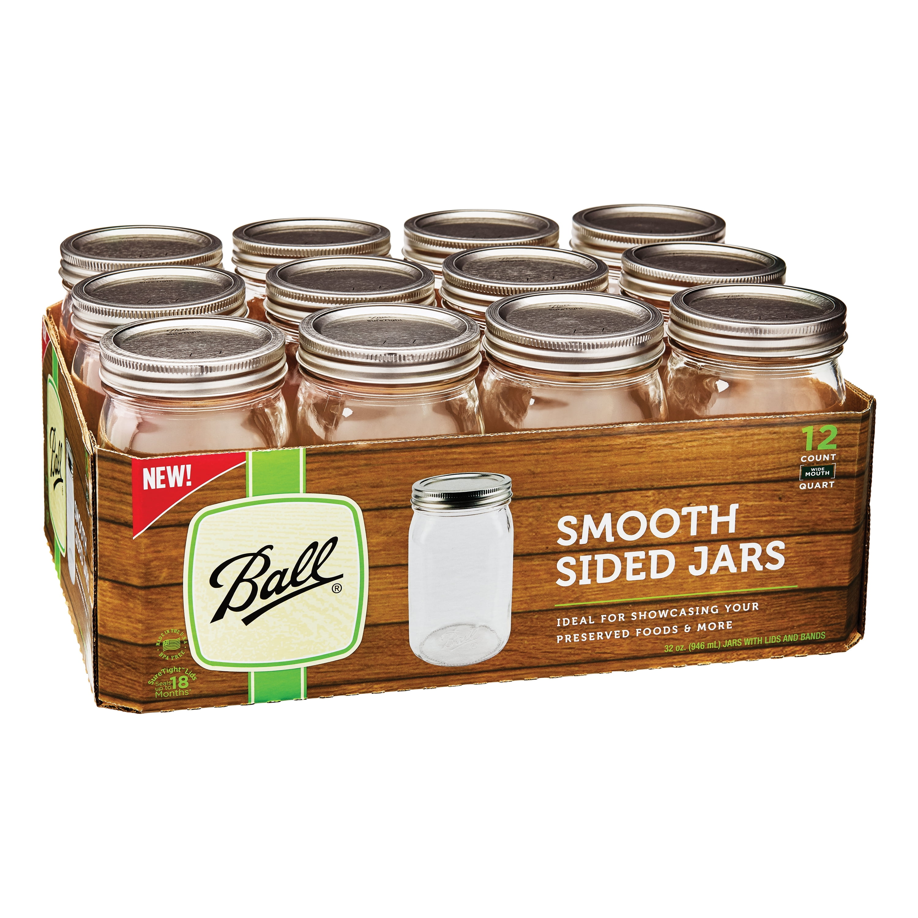 Ball, Smooth-Sided Glass Mason Jars with Lids & Bands, Wide Mouth, 32 oz,  12 Count 