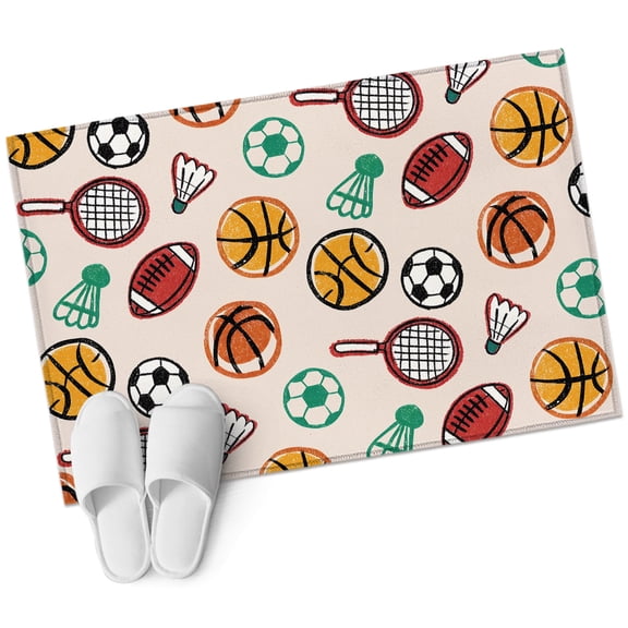 Ball Sport Bathroom Rug Washable 2x3 Entryway Rug Non Slip Funny Soccer Basketball Badminton Rugby Tennis Front Door Mat Low Pile Indoor Doormat Throw Floor Carpet for Kitchen Bedroom Entrance