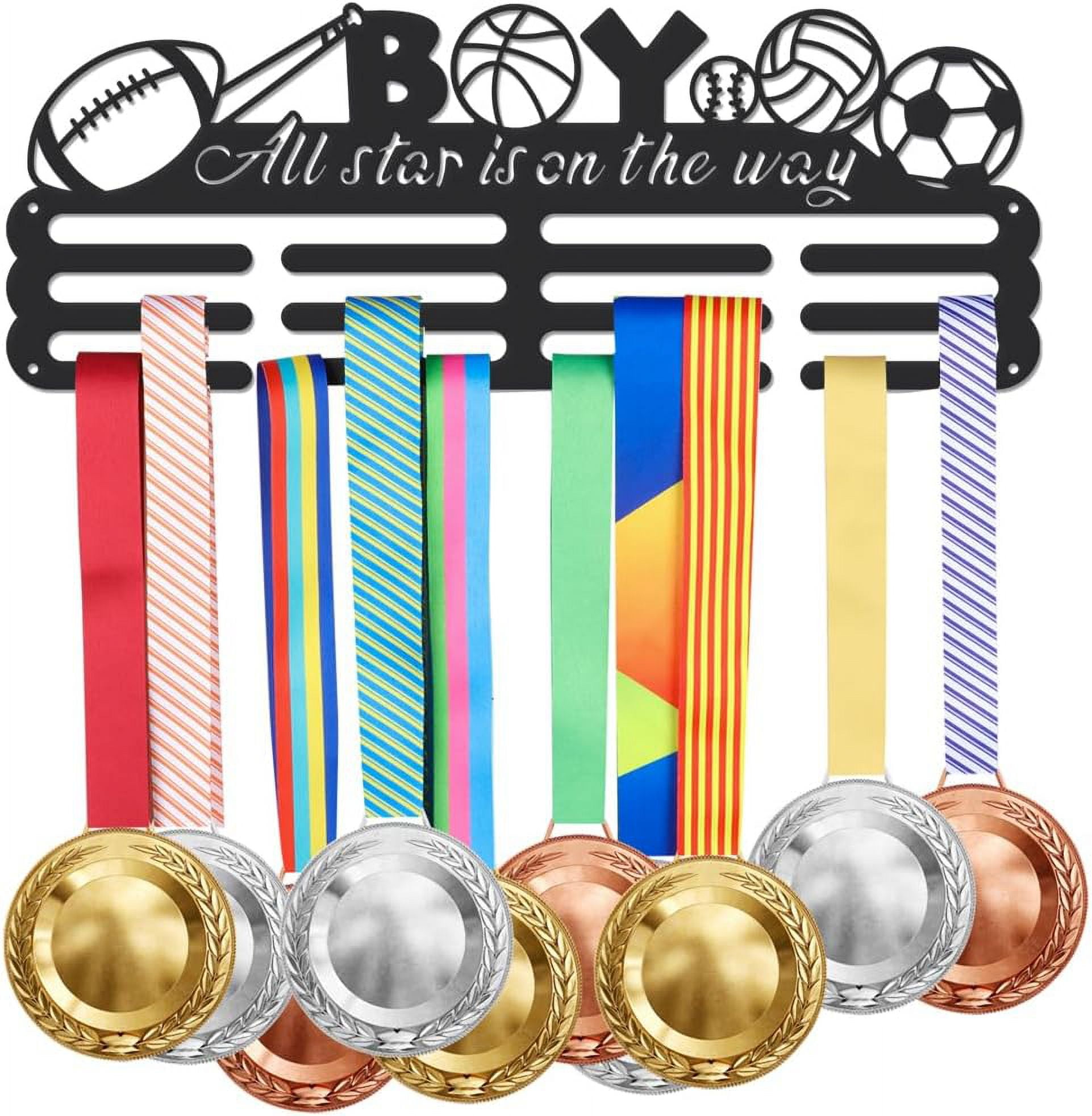 Ball Sport Medal Holder with Basketball Volleyball Football Rugby Display Hanger Medal Trophy Display Sport Rack Awards Metal Lanyard Sturdy Over 60 Medals Gifts