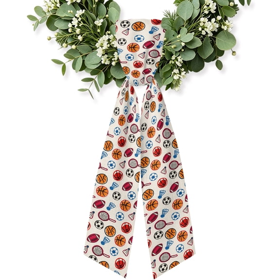 Ball Sport Wreath Sash for Front Door, Farmhouse Soccer Basketball Rugby Tennis Wreath Bow Accent for Fall Christmas Holiday Door Decor, Ribbon Sash for Wreaths, Porch Home Decoration
