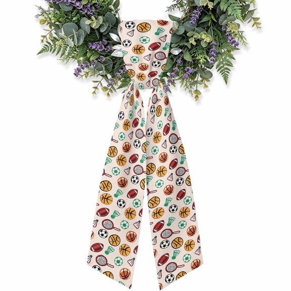 Ball Sport Wreath Sash for Front Door, Funny Soccer Basketball Badminton Rugby Tennis Wreath Bow Holiday Garland Ribbon Wreath Accessories for Home Yard Porch Doorway Fall Christmas Decorations Gifts