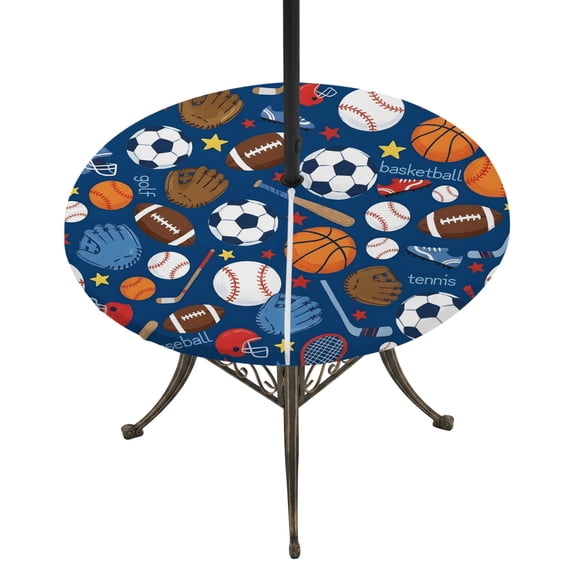 Ball Sports Round Outdoor Tablecloth with Umbrella Hole Zipper, Navy Blue Elastic Fitted Table Cover, Waterproof Table Cloth for Patio Picnic Party Fits 31"-35"