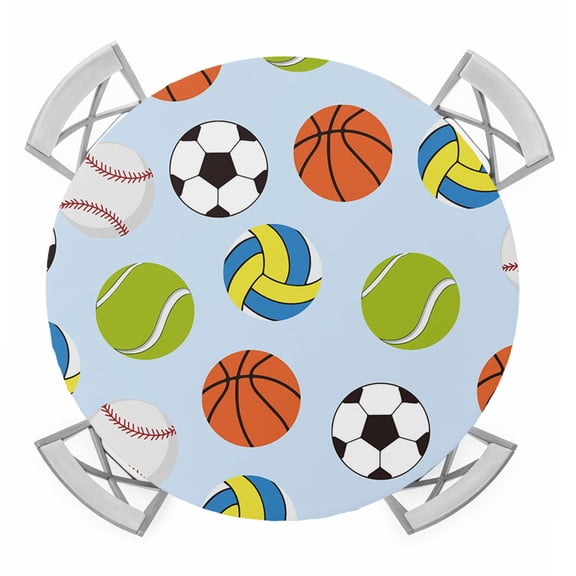 Ball Sports Round Table Cover, Baseball Tennis Basketball Soccer Volleyball Waterproof Fitted Tablecloths for 36"-44" Tables, Washable Picnic Table Cover for Camping Dining Indoor Outdoor