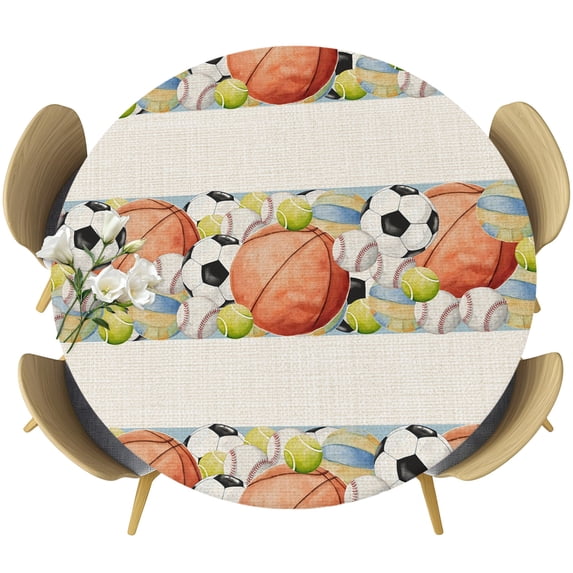 Ball Sports Round Tablecloth 36-44 Inch Round Fitted Table Cloth with Elastic Edge, Rustic Football Basketball Sports Waterproof Table Cover Protector for Outdoor Picnic Party Dining