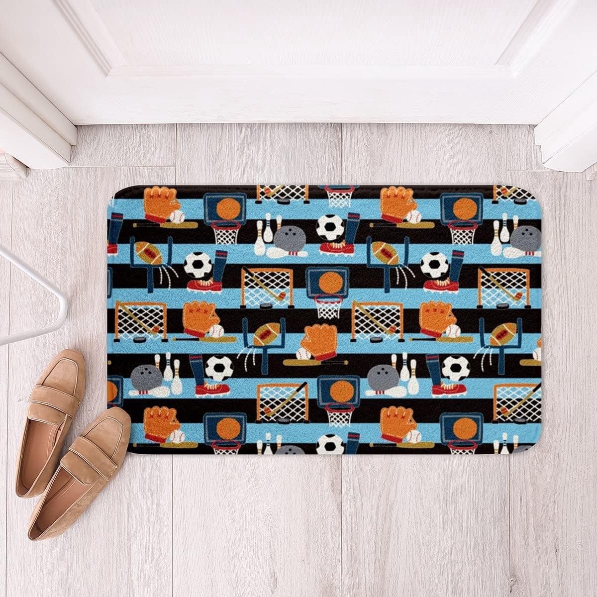 Ball Sports Theme Microfiber Bathroom Rugs 3D Ball Games Non Slip Bath Mat Stripe Competitive Games Shaggy Absorbent Floor Mat for Bedroom Decor Bathroom Floor Indoor Doormat 20"x32"