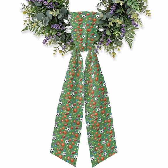 Ball Sports Wreath Sash for Front Door, Modern Basketball Soccer Baseball Golf Green Wreath Bow Holiday Garland Ribbon Wreath Accessories for Home Yard Porch Doorway Fall Christmas Decorations Gifts