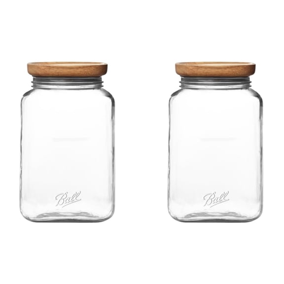 Ball Stack & Store Glass Mason Jars with Wooden Lid, Used for Pantry, Cookies, Flour, Cereal, Rice, Sugar, Tea, Coffee Beans, Spices, Square, 15.6-Cup Pack of 2