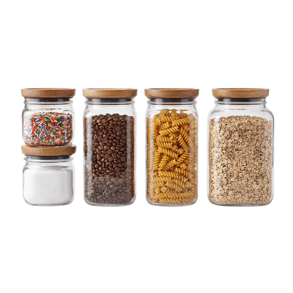 Ball Stack & Store Glass Mason Jars with Wood Lid, Everyday Essentials Variety Pack, Square, (2) 4-Cup, (2) 9.9-Cup, (1) 15.6-Cup (5 Jars Total)