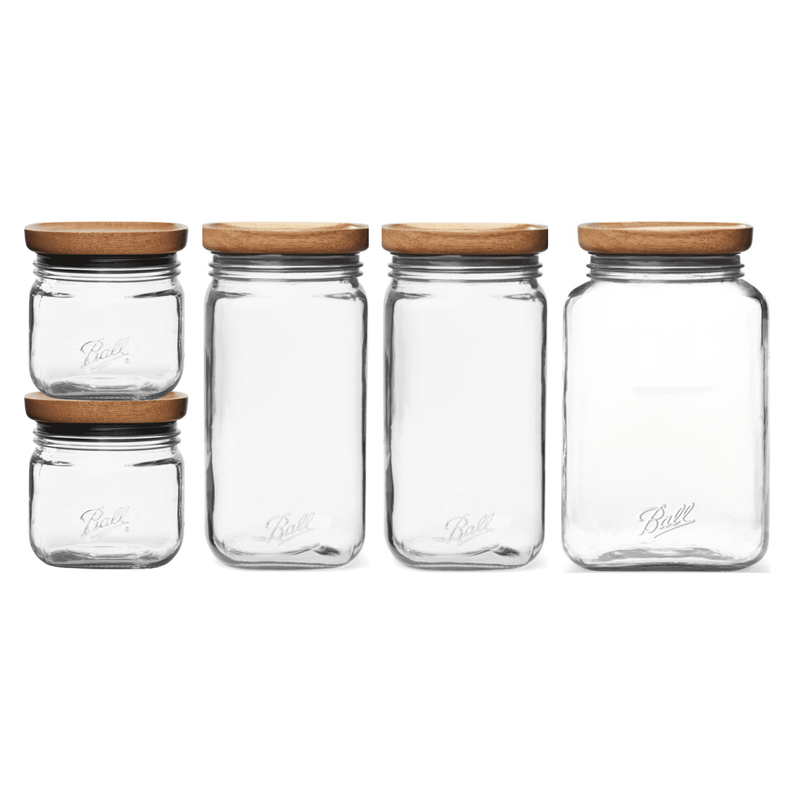 Ball Stack & Store Glass Mason Jars with Wood Lid, Everyday Essentials  Variety Pack, Square, (2) 4-Cup, (2) 9.9-Cup, (1) 15.6-Cup (5 Jars Total)