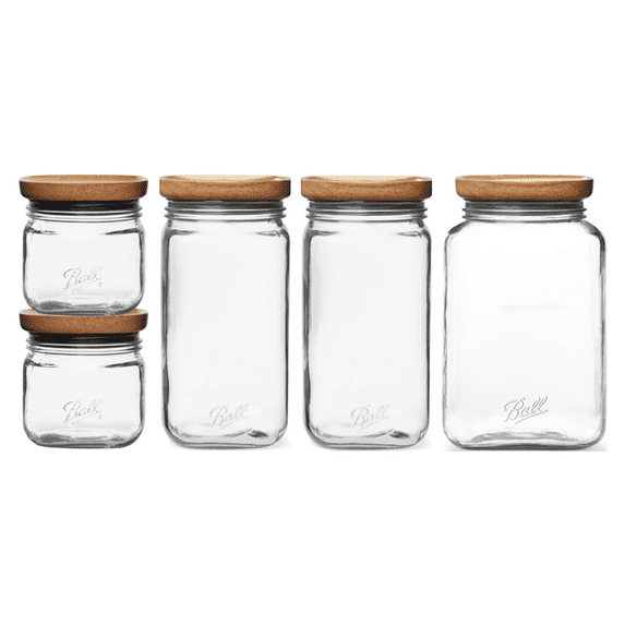 Ball Stack & Store Glass Mason Jars with Wood Lid, Everyday Essentials Variety Pack, Square, (2) 4-Cup, (2) 9.9-Cup, (1) 15.6-Cup (5 Jars Total)