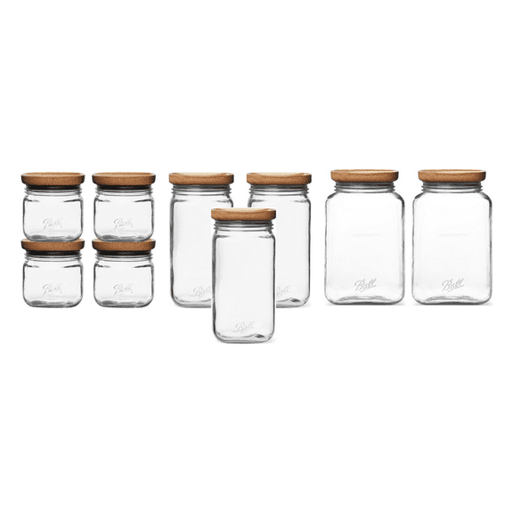 Ball Stack & Store Glass Mason Jars with Wood Lid, Large Family Essentials Variety Pack, (4) 4-Cup, (3) 9.9-Cup, (2) 15.6-Cup (9 Jars Total)