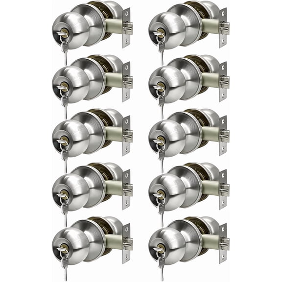 Ball Stainless Steel Door Knob with Lock and Keys, Keyed Entry Satin Nickel Door Handles for Bedroom or Bathroom, 10 Pack