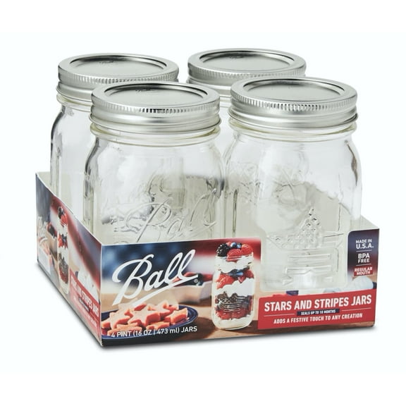 Ball Regular Mouth Pint 16-Oz. Stars and Stripes Keepsake Glass Mason Jars, 4 Count