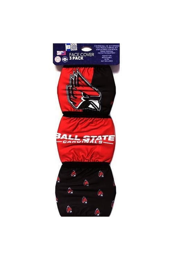 Ball State Cardinals Cloth Face Masks with Ear Loops and Filter Pocket (3 Pack) Adult