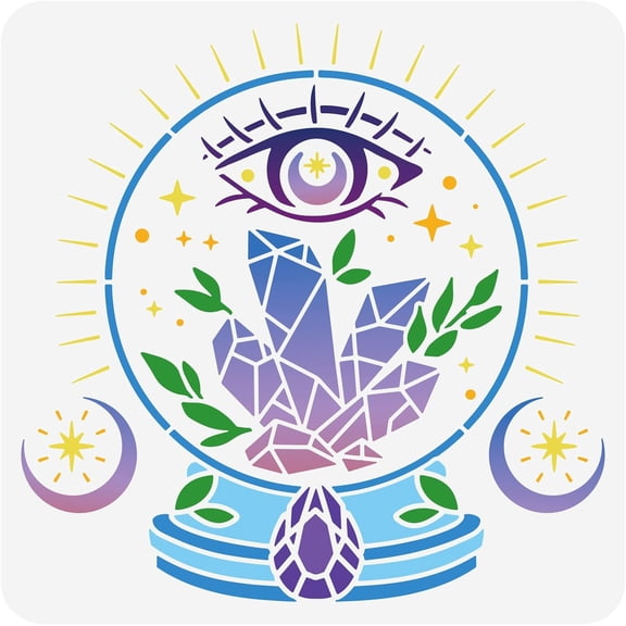 Ball Stencil 11.8x11.8 inch Moon Stars Stencil Plastic Gem Evil's Eye Leaves Pattern Drawing Painting Reusable DIY Craft Fantasy Stencils