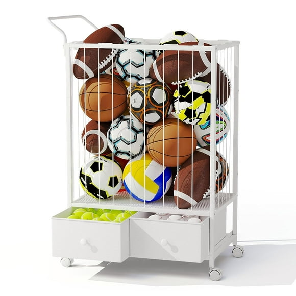 Ball Storage Bin - Rolling Sports Ball Cart, Metal Garage Organizer Rack, Ball Basket Storage, Ball Cage for Garage or Gym, Indoor & Outdoor Sports Equipment Organizer, 176L, White