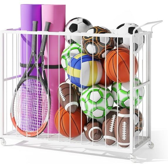 Ball Storage Bin Rolling Sports Ball Cart, Metal Garage Organizer Sport Rack, Ball Basket Storage, Ball Cage for Garage or Gym, Indoor & Outdoor Sports Equipment Organizer