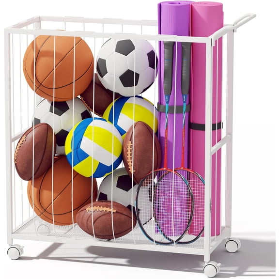 Ball Storage Bin Rolling Sports Ball Cart, Metal Garage Organizer Sport Rack, Ball Basket Storage, Ball Cage for Garage or Gym, Indoor & Outdoor Sports Equipment Organizer white