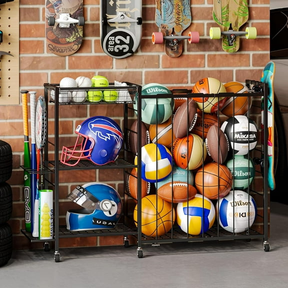Ball Storage with Elastic Rope for Sports and Outdoors, Garage Organization with Wheels for Sports Gear and ToysLarge-Capacity Sports Equipment Organizer with Baseball Bat Holder and Basketball Rack