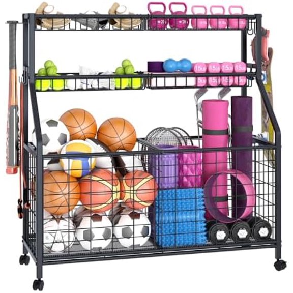 Ball Storage Rack Large Sports Equipment Organizer Cart For Garage,Home Gym Multifunctional Sports Gear Storage For Indoor Or Outdoor, Ball Rack For Basketball,Baseball, Football, Toys