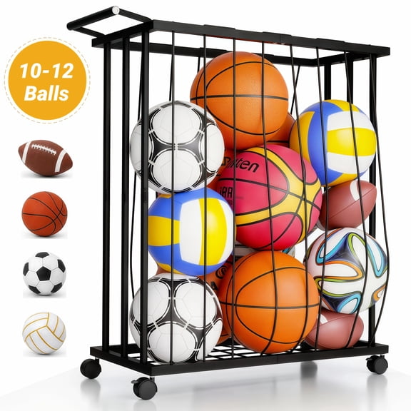 Ball Storage Rack,POPO Garage Ball Holder with Wheels,Sports Equipment Organizer Cart for Basketball, Soccer, Footbal