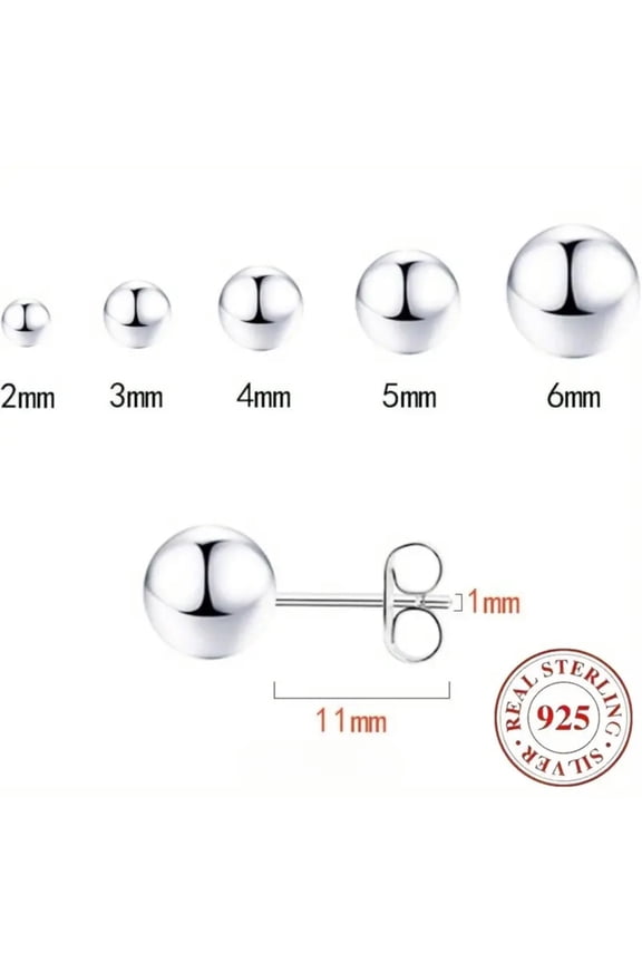 Ball Stud Earrings 5 Pairs Different Sizes Earrings Set 2mm 3mm 4mm 5mm 6mm