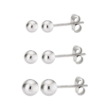 Ball Stud Earrings Silver Sterling Polished Round Ball Three Pair Sets for Women Hypoallergenic