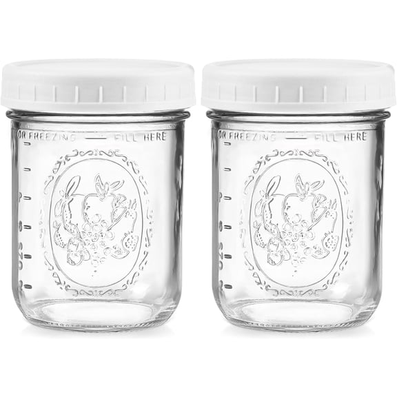 Wide Mouth 16-Oz Pint Mason Jars (2 Pack) With White M.E.M Food Storage Plastic Lids