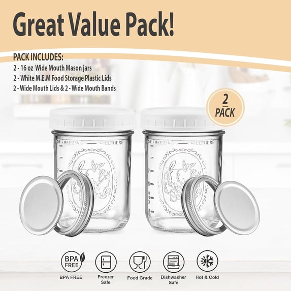 Wide Mouth 16-Oz Pint Mason Jars (2 Pack) With White M.E.M Food Storage Plastic Lids