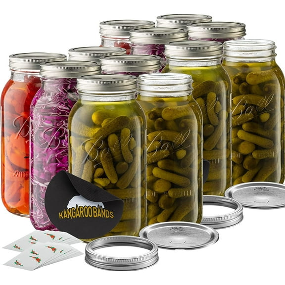 Ball Wide Mouth 64 oz half gallon mason Jars with Lids and Bands 12-Pack bundled With, KangarooBands Jar Opener, and Package Of Jar Labels Canning, Fermenting, Pickling, DIY Decors Projects
