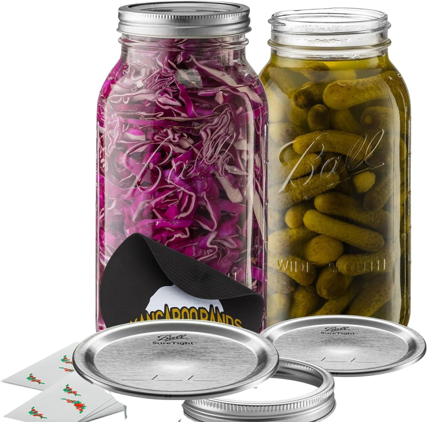 Ball Wide Mouth 64 oz half gallon mason Jars with Lids and Bands 2-Pack bundled With, KangarooBands Jar Opener, and Package of Jar Labels Canning, Fermenting, Pickling, DIY Decors Projects