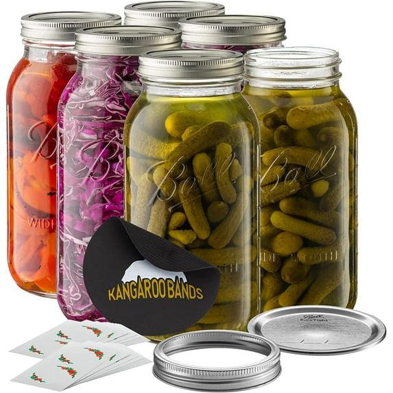 Ball Wide Mouth 64 oz half gallon mason Jars with Lids and Bands 6-Pack bundled With, KangarooBands Jar Opener, and Package Of Jar Labels Canning, Fermenting, Pickling, DIY Decors Projects