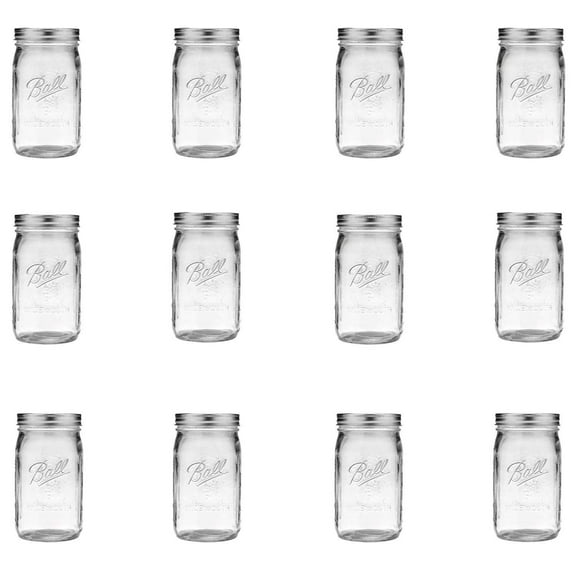 Ball Wide Mouth Clear Glass Canning Quart 32 Oz Mason Jars with Lids, 12 Pack