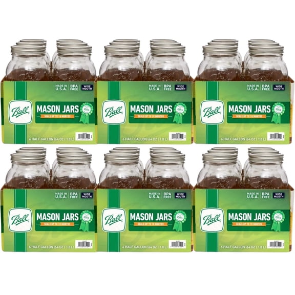 Ball Wide Mouth Glass Mason Jars with Lids and Bands, Used for Canning, Pickling, Juice, Jam, Jelly, Half Gallon Size 64 Ounce Pack of 36