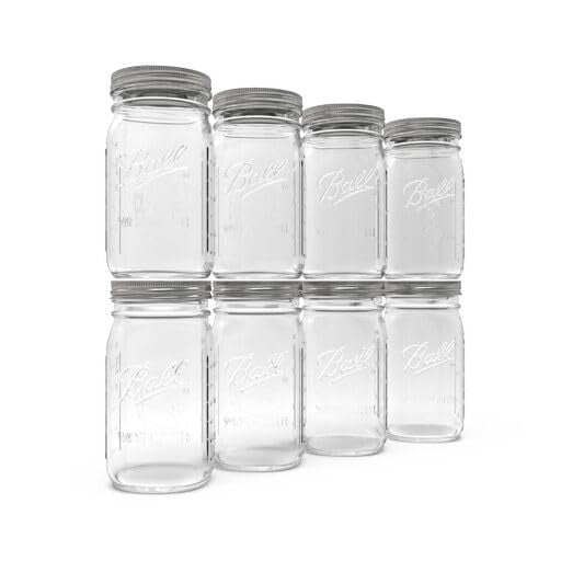 Ball Wide Mouth Glass Mason Jars with Lids and Bands, Used for Canning, Pickling, Juice, Jam, Jelly, Quart Size 32 Ounce (Pack of 8)