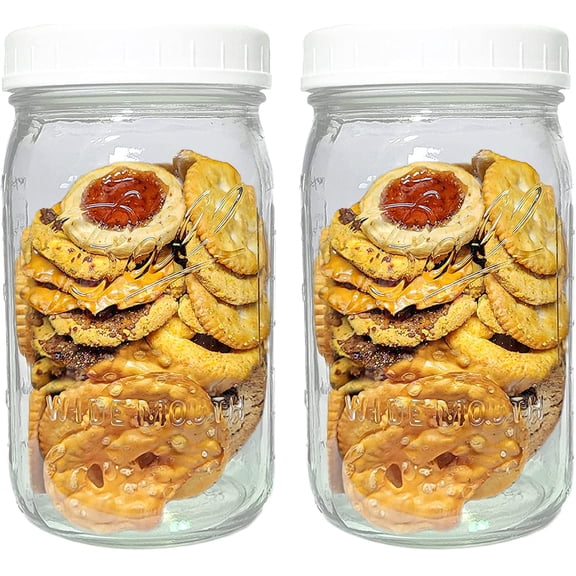 Ball Wide Mouth Jars 32oz 2 Pack with m.e.m Plastic Lids Fit Ball and Kerr Wide Mouth