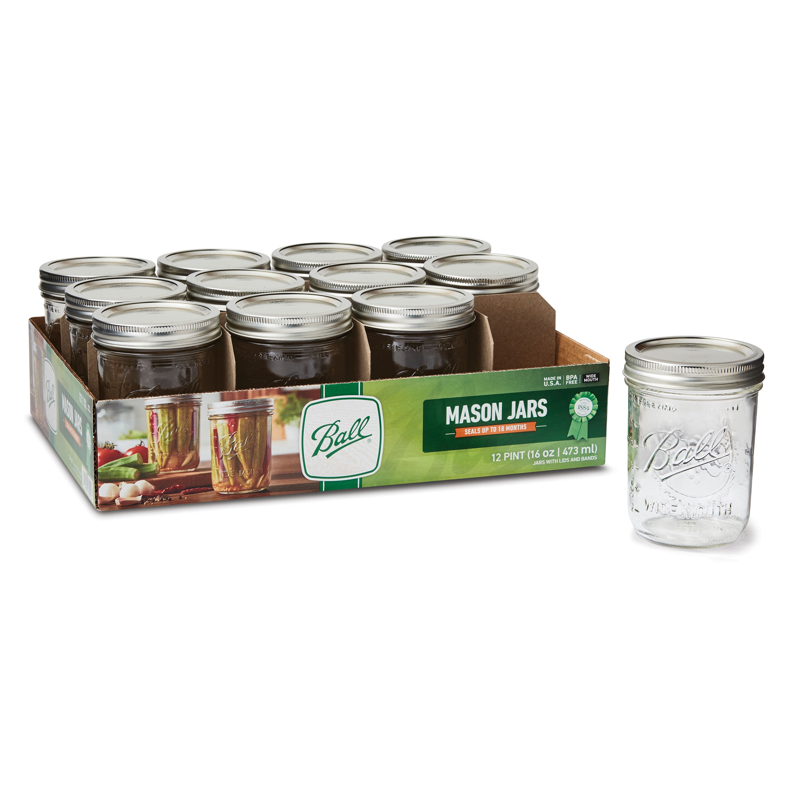 Ball Pint Size Glass Mason Jars with Lids & Ba
