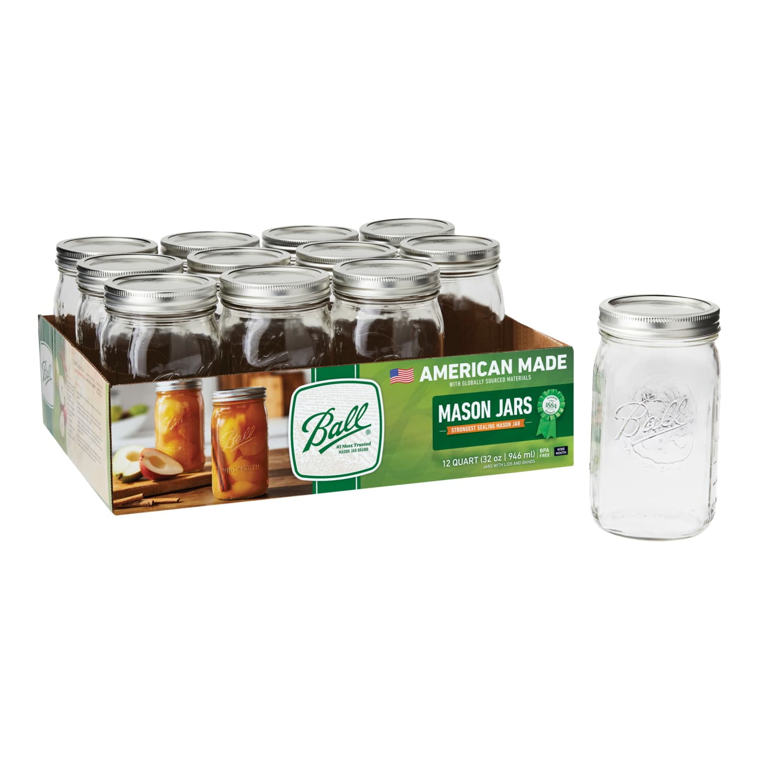 Ball 32 oz Mason Jars, Wide Mouth Quart Canning Jars with Lids and Rings, 12-Pack Large Glass Jars for Home Canning and Fermenting