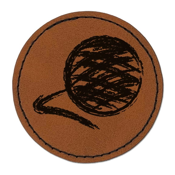 Ball of Yarn Sketch Crochet Knit 2.5" Faux Leather Round Engraved Iron-On Patch - Brown