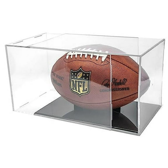BallQube Football Display Case with Added UV Protection for Autographed Football, Includes Removable High Gloss Black Football Stand, Memorabilia Display Box for Football or Boxing Glove