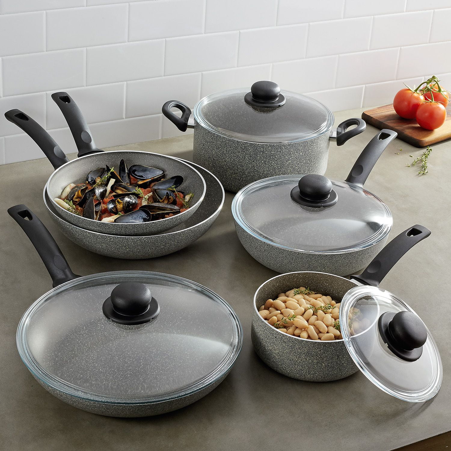Ballarini 1889 Asti Aluminum Nonstick Cookware Set, 10Piece, Granite