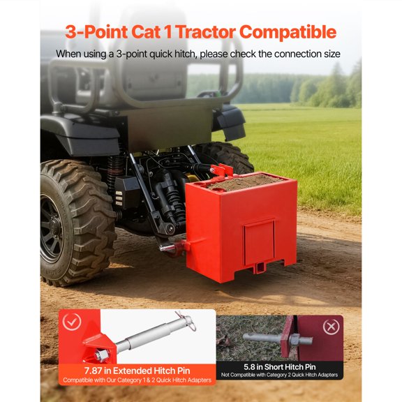 Ballast Box, 3-Point Category 1 Tractor Ballast of 800 lbs Capacity, with Standard 2 Inch Hitch Receiver, Heavy-Duty Steel 3.2 ft Large Volume Durable Loader Attachment with Sliding Door, Red