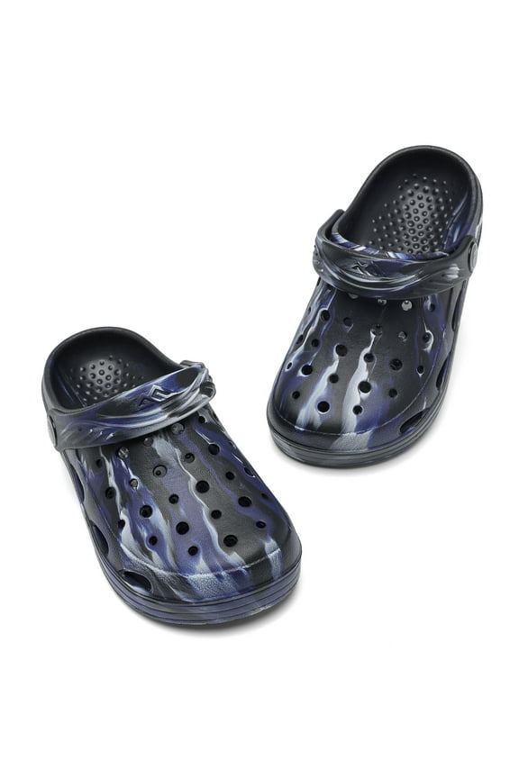 Kids Camo Garden Clogs - Comfortable, Colorful Slip-On Clog Mules for Boys and Girls - Perfect for Beach, Pool, and Everyday Wear,Black/White/Blue,Littler Kid 12
