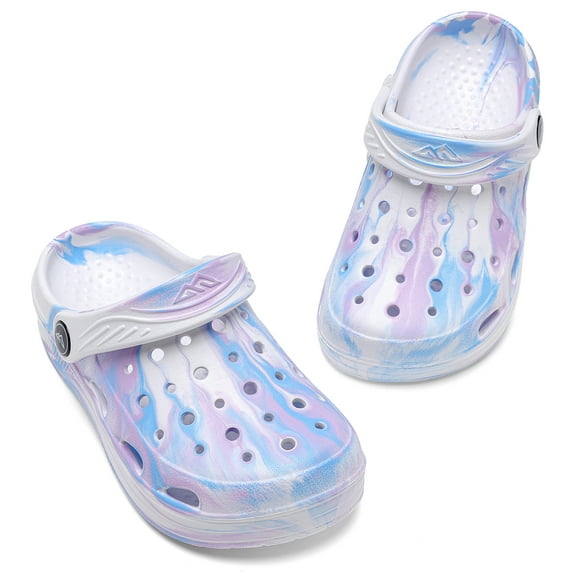 Ballaza Kids Camo Garden Clogs - Comfortable, Colorful Slip-On Clog Mules for Boys and Girls - Perfect for Beach, Pool, and Everyday Wear,White/Puple/Blue,Todder 9