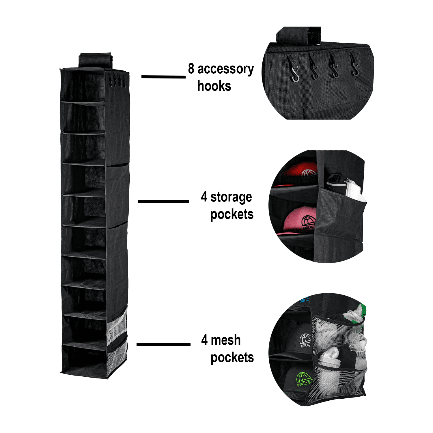 Ballcap Buddy 8 Shelf Hanging Closet Organizer for Baseball Caps Shoes Uniforms and Accessories