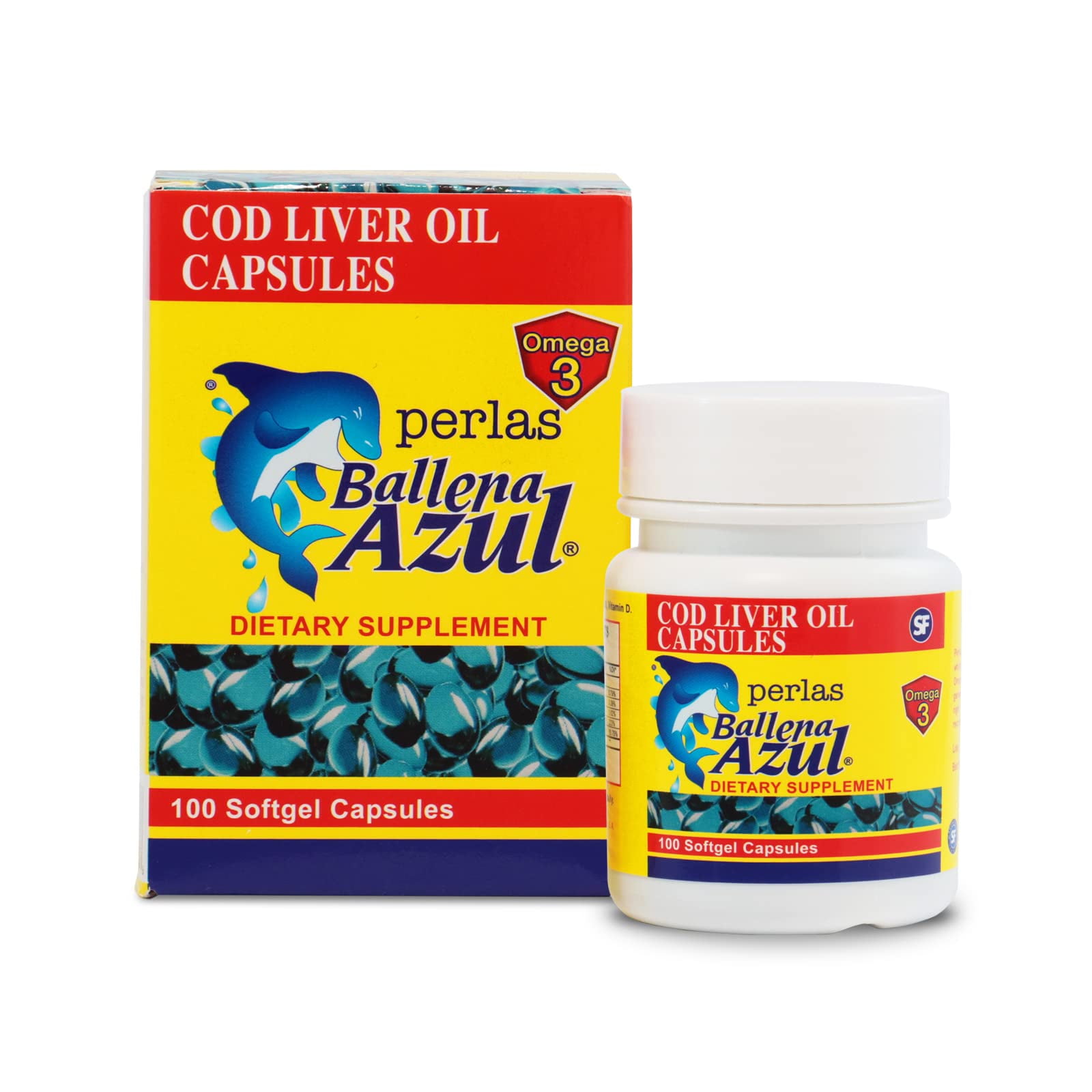 Ballena Azul Aceite de Hgado de Bacalao para Adultos y Nios, COD Liver Oil for Adults and Children, Good Source of Vitamins A,D,E, B1, Dietary Supplement, Omega 3, Inmune System Boost, (Capsules)