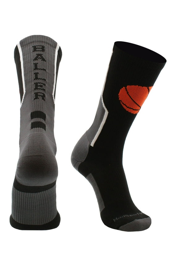 Baller Basketball Logo Crew Socks (Black/Orange, Large)