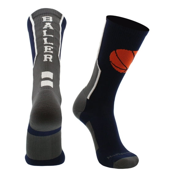 Baller Basketball Logo Crew Socks (Navy/Graphite, X-Large)