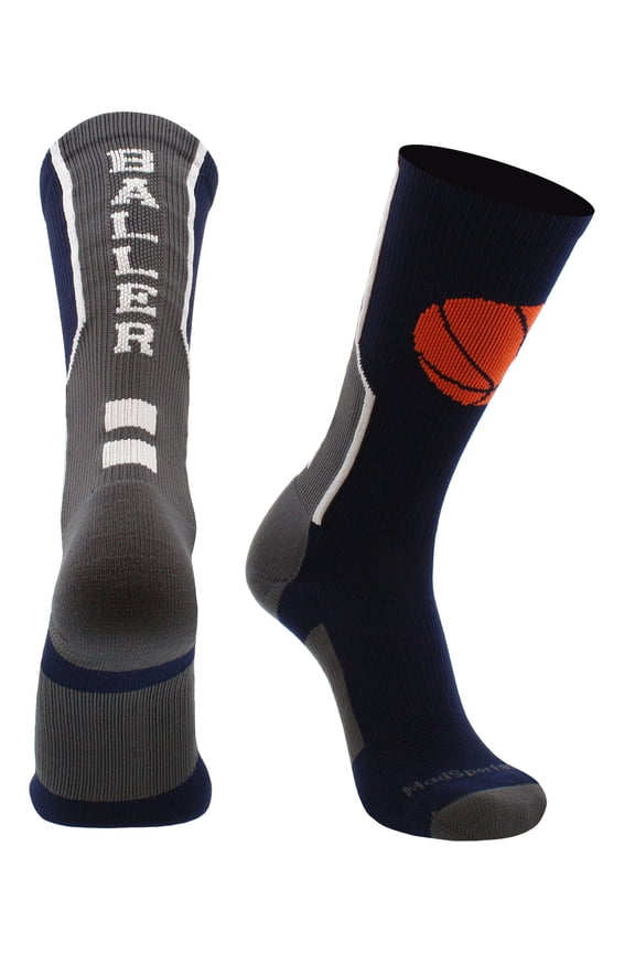 Baller Basketball Logo Crew Socks (Navy/Graphite, X-Large)
