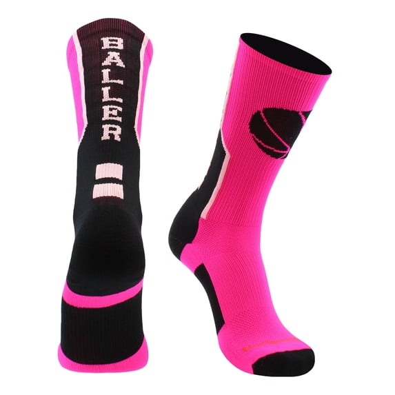 Baller Basketball Logo Crew Socks (Neon Pink/Black, Medium)